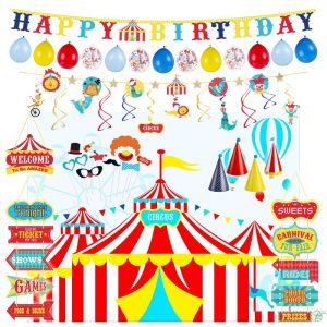 Carnival theme parties party banner swirls party hats and Circus clown photo props