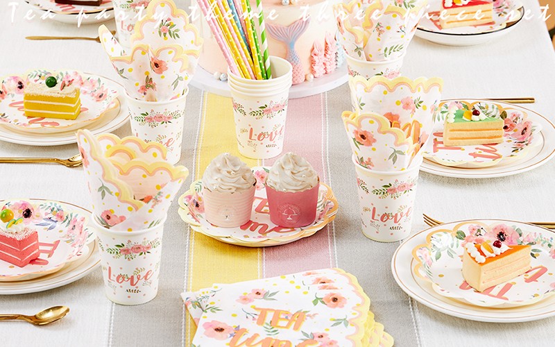 Pink and Orange Floral Tea Party Paper Tableware