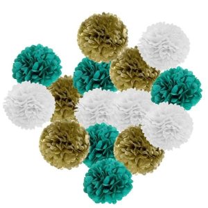 Teal Gold Party Decorations Hanging Tissue Paper Poompom flowers