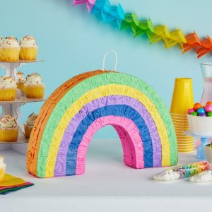 rainbow pinatas hanging