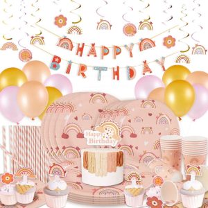 Boho Rainbow Party Tableware, Happy Birthday Banner, Balloons Set