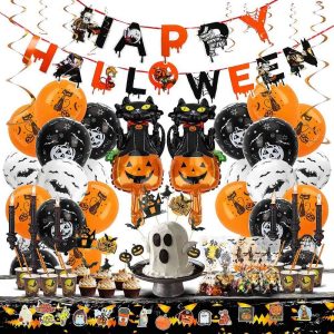 Halloween Party Decorations Supplies set with banner balloons and tableware