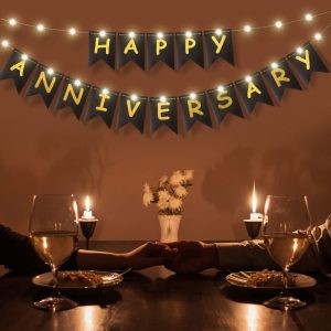 Happy Anniversary Banner Gold Foiled Sign Banner with LED Fairy String Light