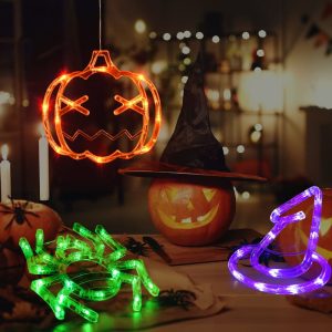 Orange Pumpkin Green Spider Purple Witch Hat Halloween Window Lights