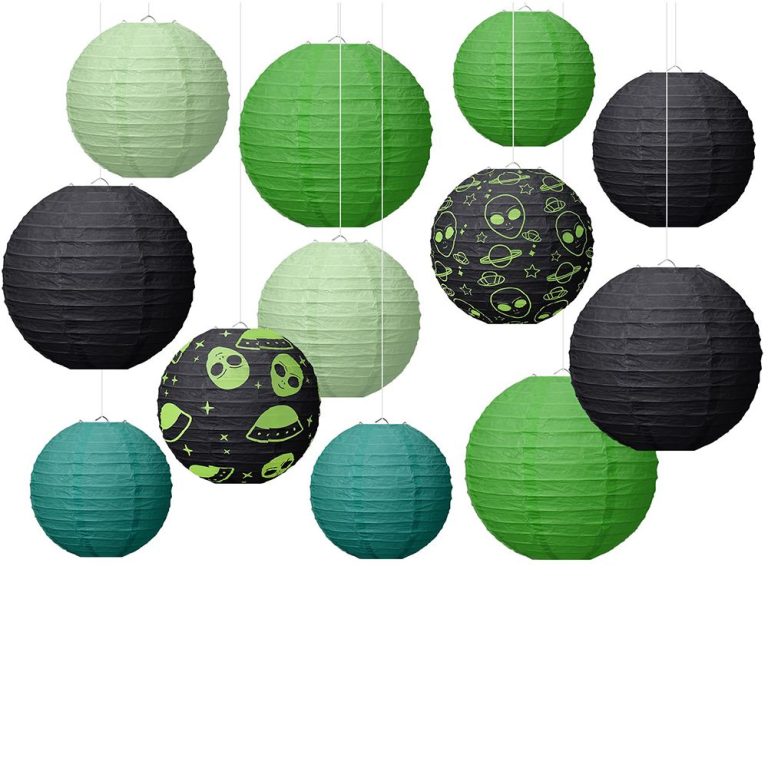 Green Black Alien Space Round Paper Lanterns alien space theme paper lanterns