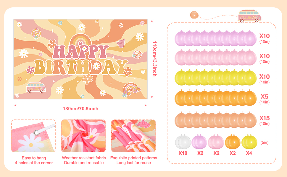 size information about happy birthday groovy backdrop and rainbow balloons