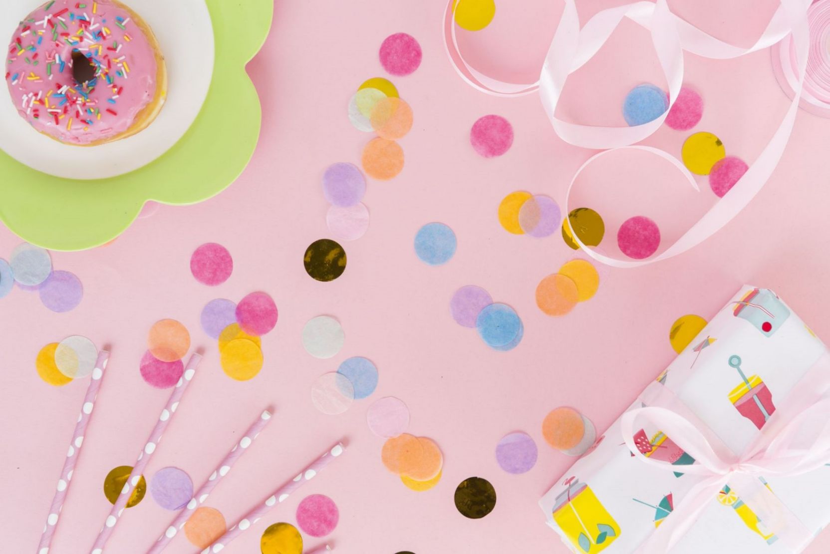 pink themed birthday elements with confetti