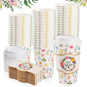 Custom Paper Coffee Cups Spring Floral Coffee Cups With Lids And Sleeves