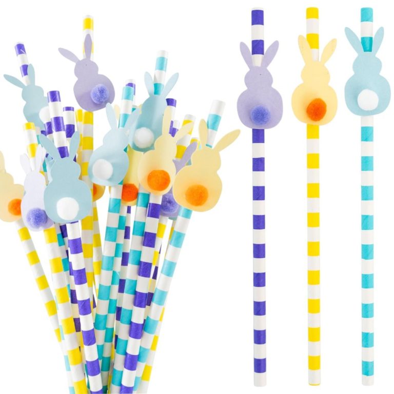 Easter Striped Drinking Paper Straws with Pompom Bunny