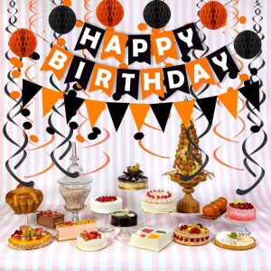 Factory Black Orange Happy Birthday Party Decoration Set