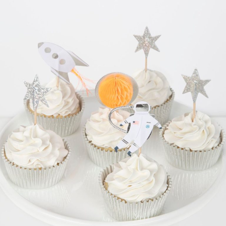 Space Baking Cups Shiny Silver Foiled Customized Cupcake Toppers Kit