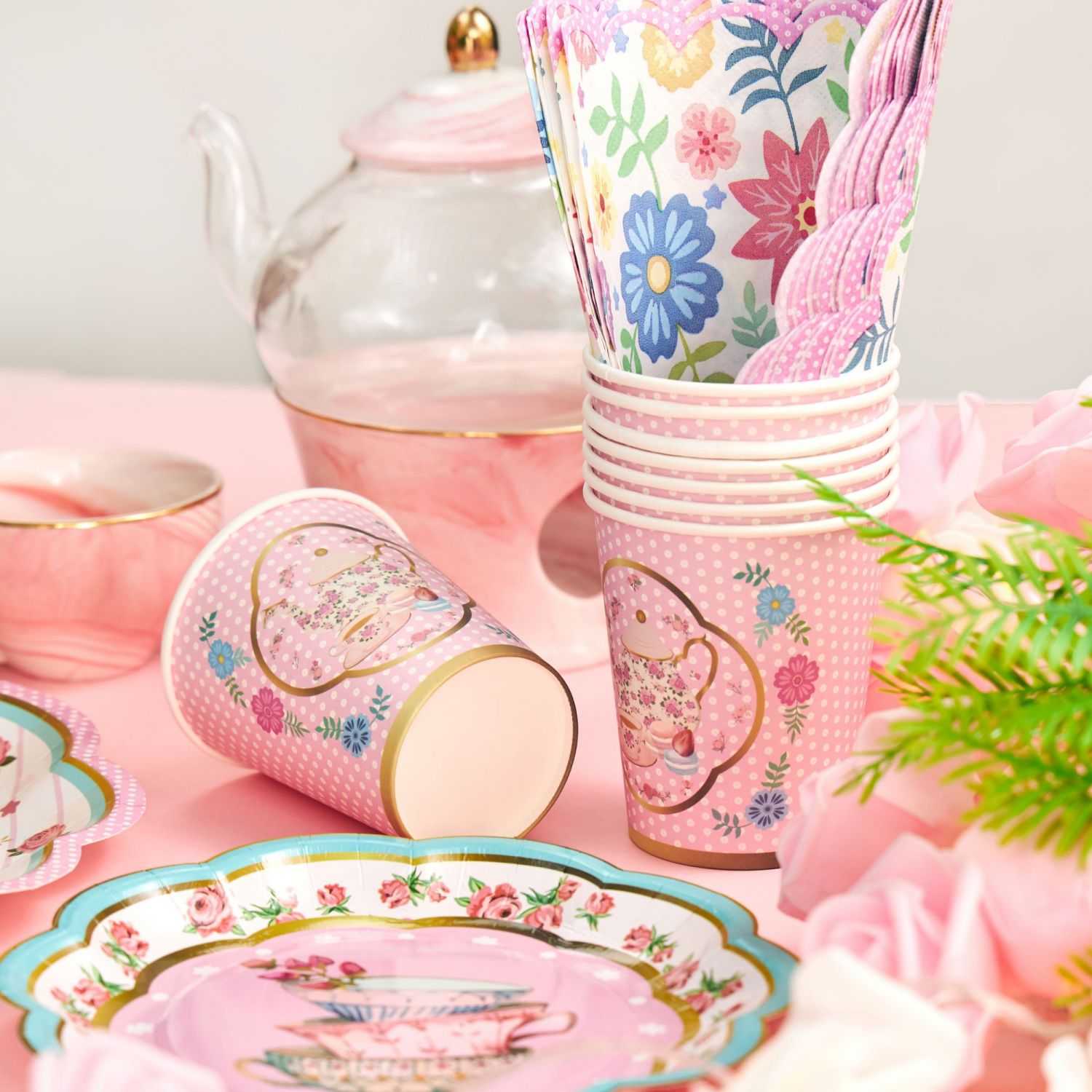 pink tea party themed custom paper tableware