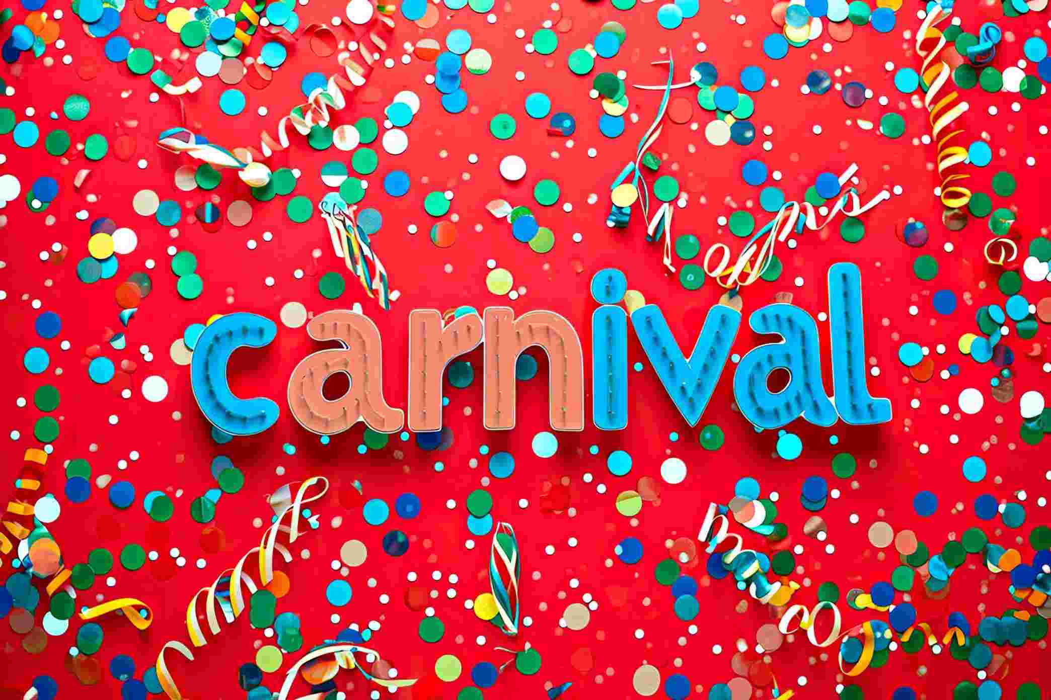 word quotcarnivalquot red background colorful confetti surroundeed