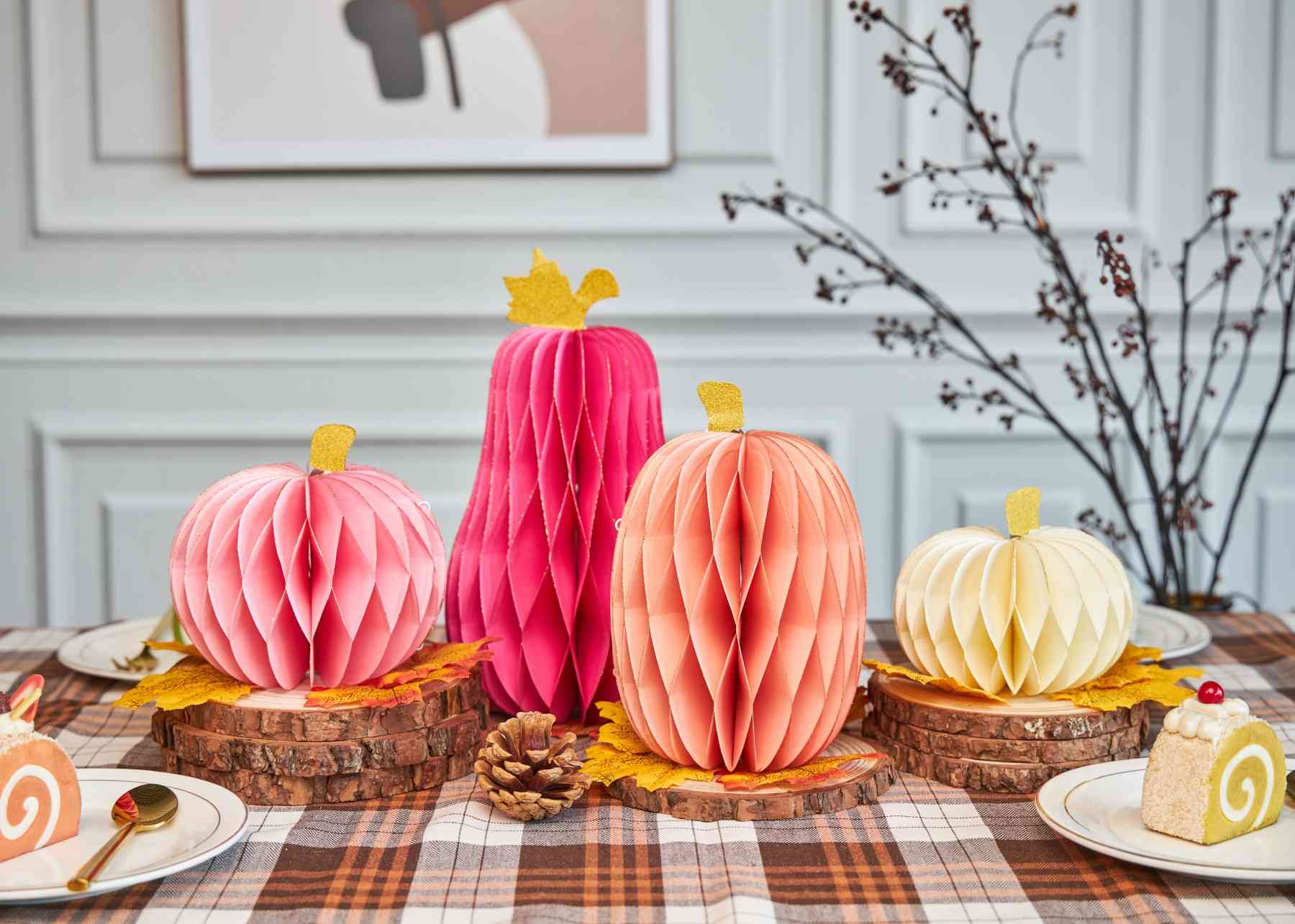 pink paper honeycomb pumpkins centerpiece