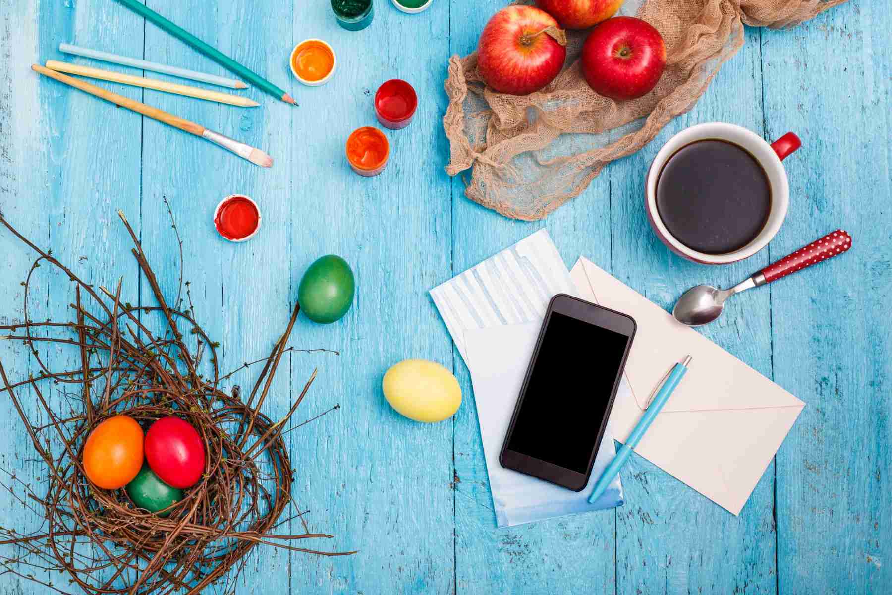 easter office workplace blue wooden table